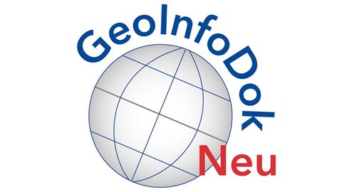 Graue, stilisierte Weltkugel mit dem Schriftzug GeoInfoDokNeu