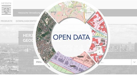 Open Data Eyecatcher zum Thema Open Data vor einem Screenshot der Startseite Geodaten online