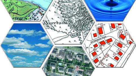 Geodateninfrastruktur Collage aus 6 Sechsecken, die symbolhaft das Thema Geodateninfrastruktur darstellen
