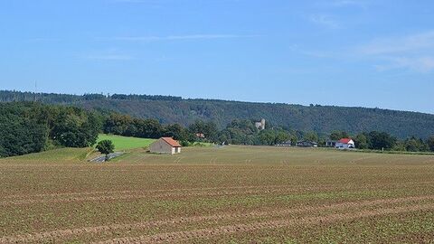 Ein Acker im Vordergrund, dahinter einzelne Häuser, im Hintergrund ein bewaldeter Hügel