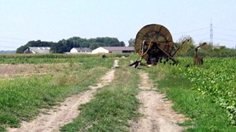 Feldweg, Gehöft im Hintergrund, landwirtschaftliches Gerät an der rechten Bildseite