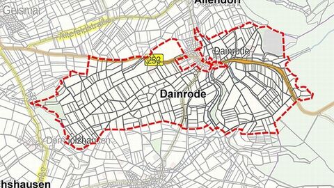 Frankenau-Dainrode -Gewässerrenaturierung- Kartenausschnitt Dainrode mit eingezeichneter Verfahrensgrenze