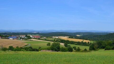Hügelige Landschaft mit Feldern und Bäumen, am linken Bildrand Häuser