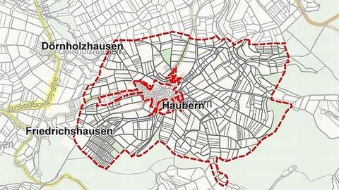 Kartenausschnitt Haubern mit eingezeichneter Verfahrensgrenze