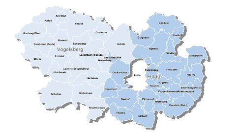 Auszug aus einer Hessenkarte, abgebildet ist der Vogelsbergkreis mit seinen Gemeinden und der Landkreis und die Stadt Fulda