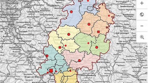 Kartenansicht von Hessen mit Markierungspunkten der Dienststellenorte