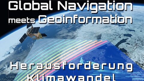 Teilbild der Erde vom Weltraum aus gesehen, davor Schriftzug "Global Navigation meets Geoinformation, Herausforderung Klimawandel"