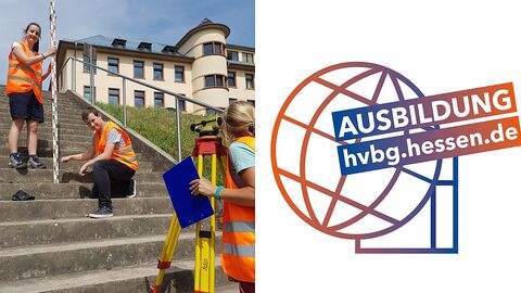 Ausbildung HVBG Drei Auszubildende auf einer Treppe mit Messinstrumenten, rechts daneben das Ausbildungslogo der HVBG