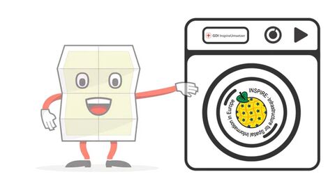 Eine Zeichentrickfigur, daneben eine gezeichnete Waschmaschine