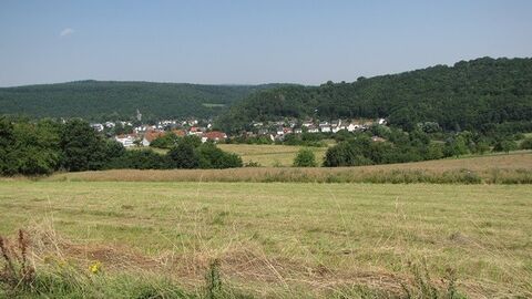 Blick über Acker, im Hintergrund ein Dorf vor einem Wald