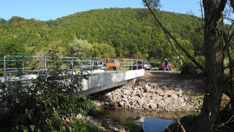 Brücke über Bach, dahinter Wald