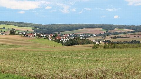 Blick über Felder auf ein Dorf