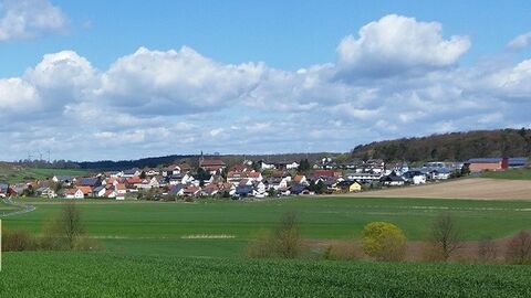 Blick über Wiese auf Dorf