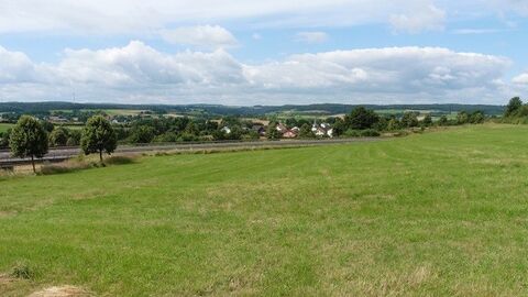 Wiese im Vordergrund, dahinter Straße und Dorf