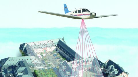 Collage eines Sportflugzeuges mit Strahlen unter dem Rumpf, die auf Punkte auf der Erde treffen