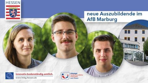 Collage aus den Bildern der drei Auszubildenden und dem Eingang des AfB Marburg