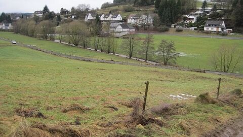 Felder, dahinter Häuser