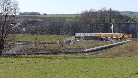 Gießen-Kleebach Blick über Wiese auf ein Brückenbauwerk