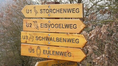 Holzwegweiser mit mehreren Schildern in verschiedene Richtungen