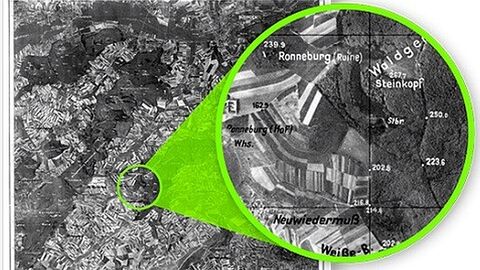 Luftbildpläne altes Luftbild, rechts daneben eine vergrößerte Ansicht