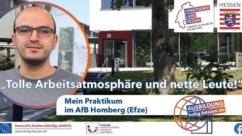 Collage mit Bild des Praktikanten vor dem Gebäude des AfB Homberg (Efze)