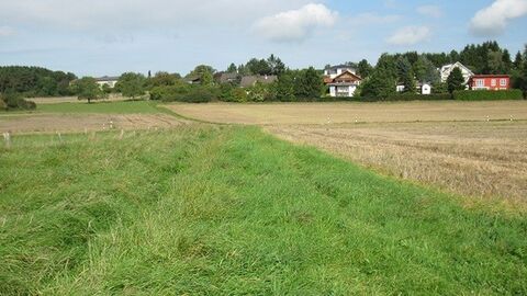 Blick über Wiesen und Felder, im Hintergrund Häuser
