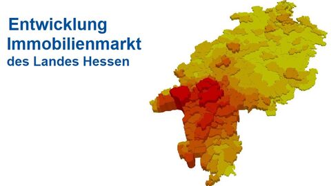 Farbige Hessenkarte als Reliefansicht mit Text: Entwicklung Immobilienmarkt des Landes Hessen