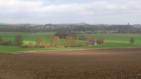 Blick über Feld, in der Bildmitte ein Bach