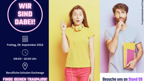 2 junge Menschen, Text: Besuche uns am Stand 09