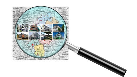 Lupe über Hessenkarte, darin Bilder der 8 Ämter