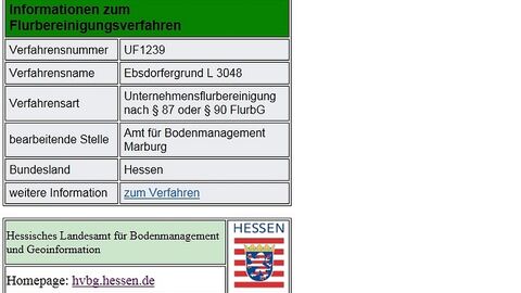 Screenshot Geoportal Flurbereinigungsverfahren Screenshot aus dem Geoportal, Informationen zum Verfahren UF1239
