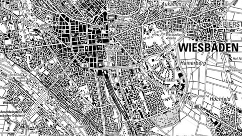 Kartenausschnitt von Wiesbaden in schwarz-weiß
