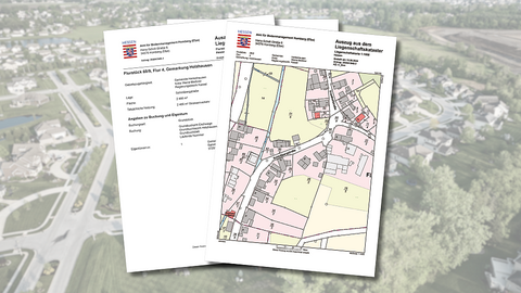 Liegenschaftskataster Musterauszüge vor transparentem Hintergrundbild einer Luftaufnahme