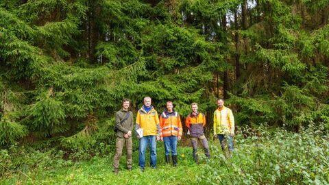 5 Personen in Arbeitskleidung vor Bäumen